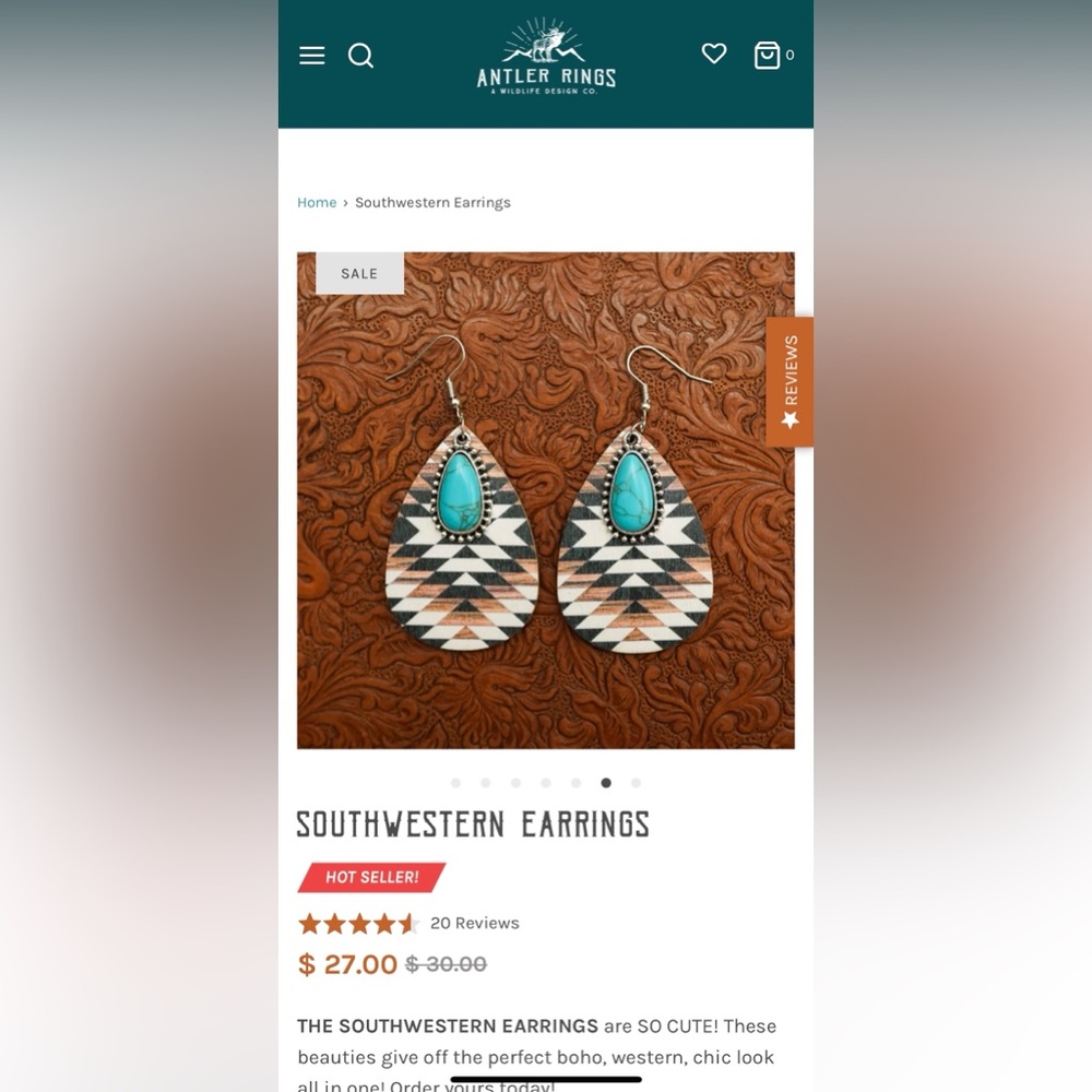 #46 | Aztec Black & Brown Teardrop Dangle Earrings with Turquoise Pendant. - Picture 5 of 5